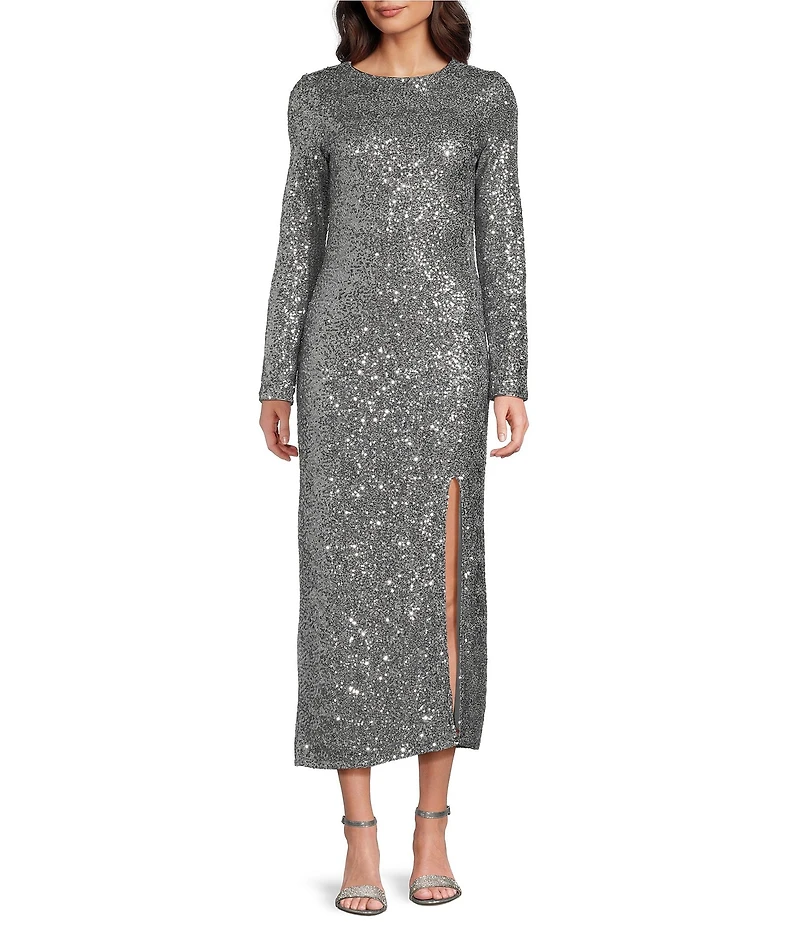 Gibson & Latimer Sequin Round Neck Long Sleeve Split Front Flounce Bodycon Maxi Dress