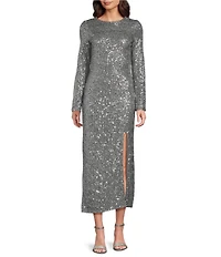 Gibson & Latimer Sequin Round Neck Long Sleeve Split Front Flounce Bodycon Maxi Dress