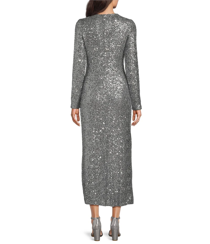 Gibson & Latimer Sequin Round Neck Long Sleeve Split Front Flounce Bodycon Maxi Dress