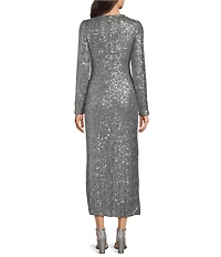 Gibson & Latimer Sequin Round Neck Long Sleeve Split Front Flounce Bodycon Maxi Dress