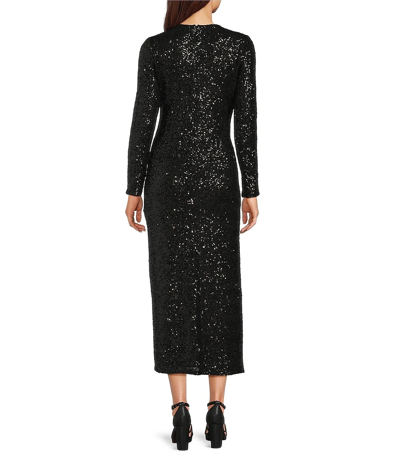 Gibson & Latimer Sequin Round Neck Long Sleeve Split Front Flounce Bodycon Maxi Dress