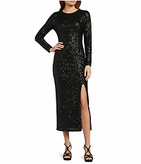 Gibson & Latimer Sequin Round Neck Long Sleeve Split Front Flounce Bodycon Maxi Dress