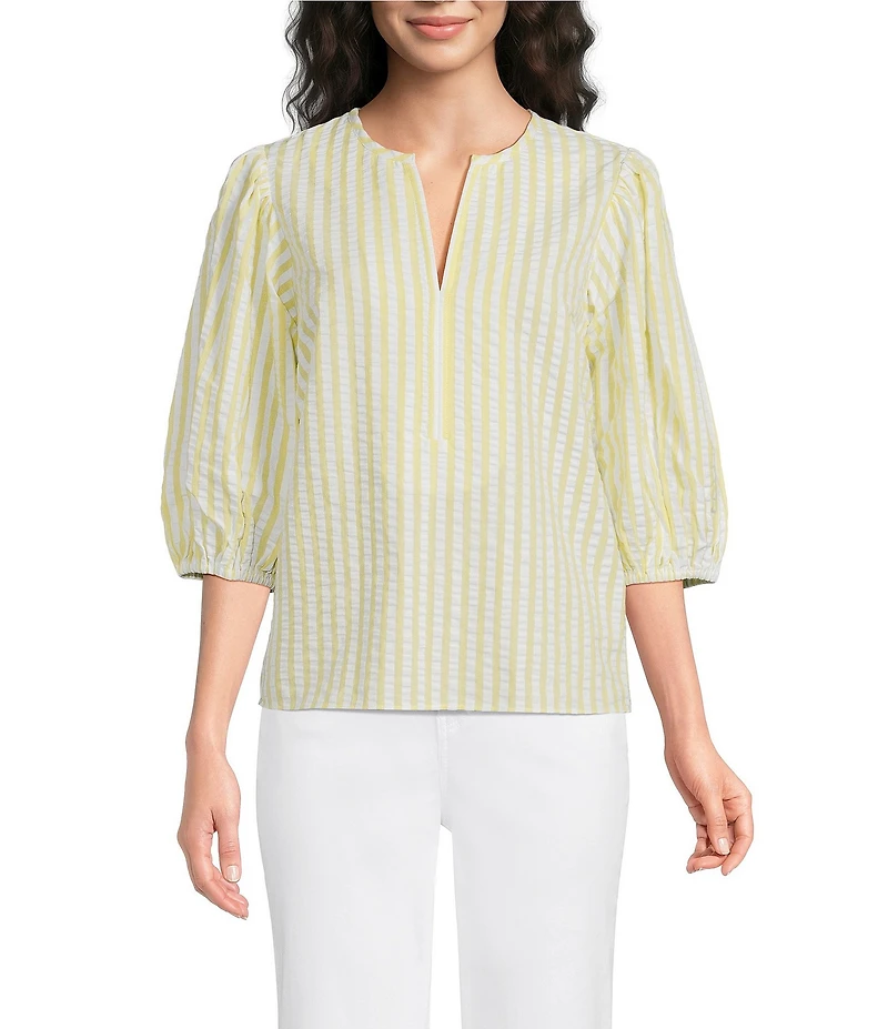 Gibson & Latimer Stripe Cotton Seersucker V-Neck 3/4 Bubble Sleeve Blouse