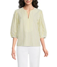 Gibson & Latimer Stripe Cotton Seersucker V-Neck 3/4 Bubble Sleeve Blouse