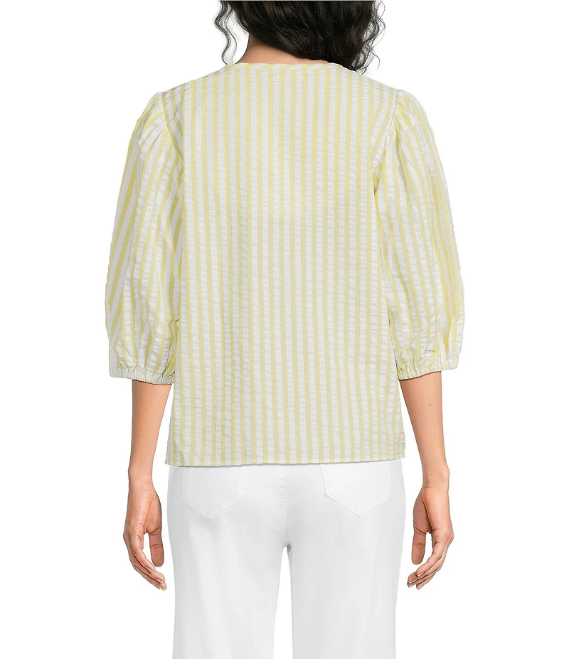 Gibson & Latimer Stripe Cotton Seersucker V-Neck 3/4 Bubble Sleeve Blouse