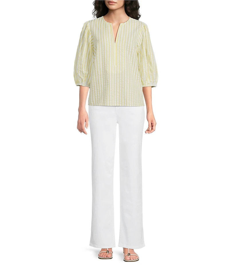 Gibson & Latimer Stripe Cotton Seersucker V-Neck 3/4 Bubble Sleeve Blouse