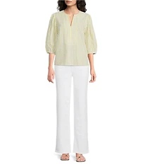 Gibson & Latimer Stripe Cotton Seersucker V-Neck 3/4 Bubble Sleeve Blouse