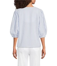 Gibson & Latimer Stripe Cotton Seersucker V-Neck 3/4 Bubble Sleeve Blouse