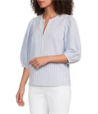 Gibson & Latimer Stripe Cotton Seersucker V-Neck 3/4 Bubble Sleeve Blouse