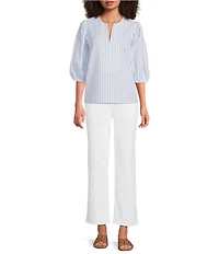 Gibson & Latimer Stripe Cotton Seersucker V-Neck 3/4 Bubble Sleeve Blouse