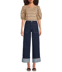 Gibson & Latimer Stripe Print Knit Crew Neck 3/4 Puff Sleeve Tee Shirt