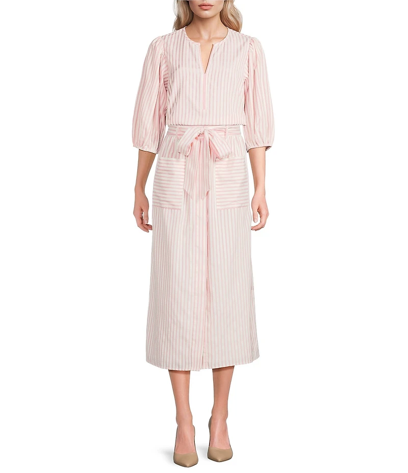 Gibson & Latimer Stripe Seersucker Tie at Waist A-Line Coordinating Midi Skirt