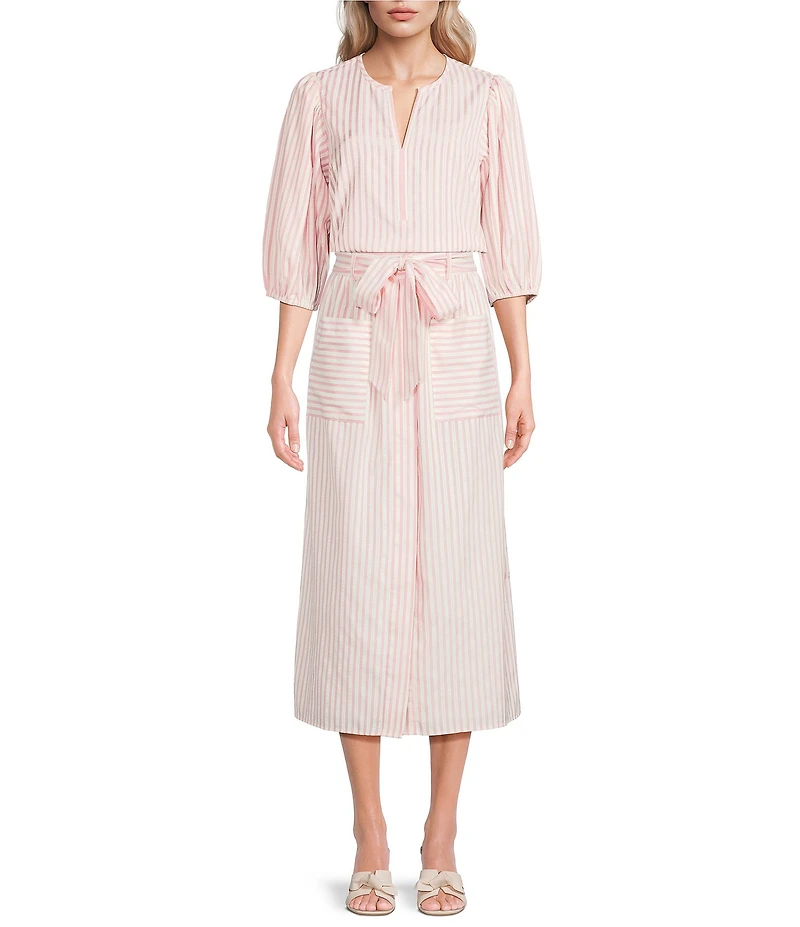 Gibson & Latimer Stripe Seersucker Tie at Waist A-Line Coordinating Midi Skirt