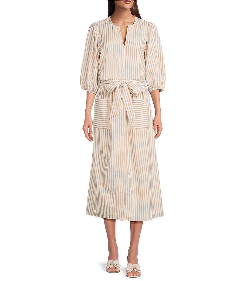 Gibson & Latimer Stripe Seersucker Tie Waist A-Line Coordinating Midi Skirt