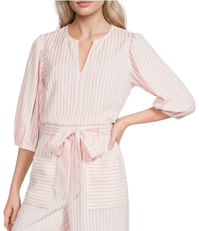 Gibson & Latimer Stripe Seersucker V-Neck 3/4 Sleeve Coordinating Blouse