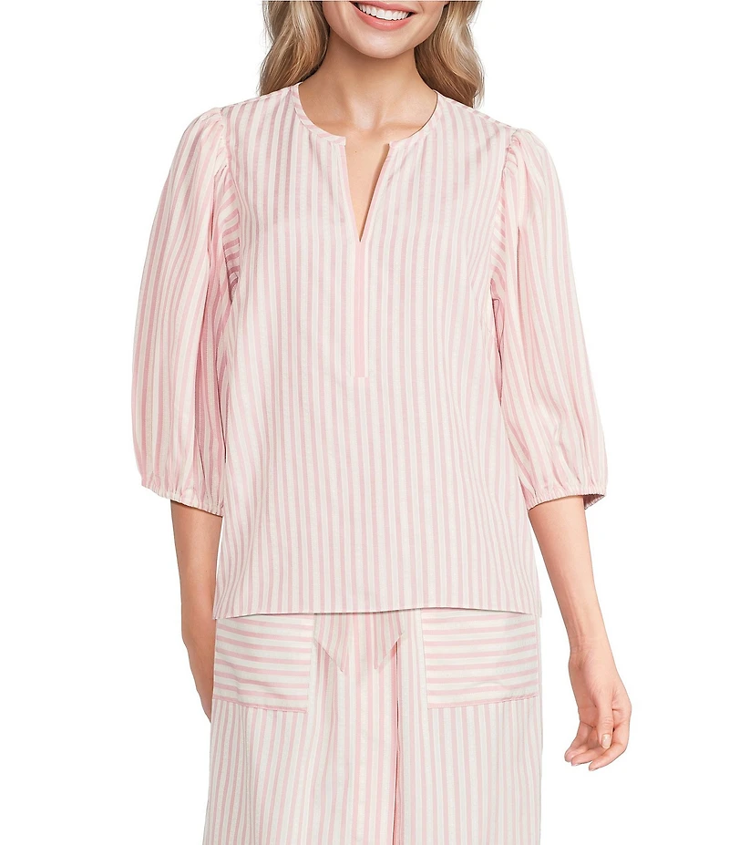 Gibson & Latimer Stripe Seersucker V-Neck 3/4 Sleeve Coordinating Blouse