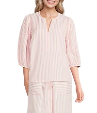 Gibson & Latimer Stripe Seersucker V-Neck 3/4 Sleeve Coordinating Blouse