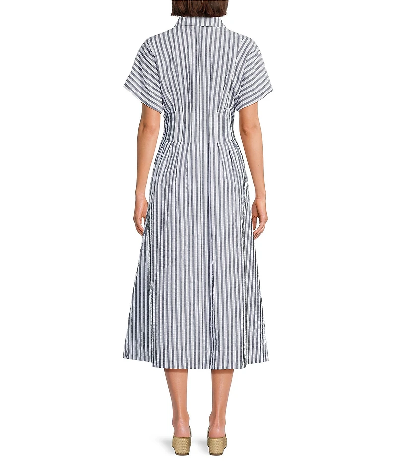 Gibson & Latimer Striped Cotton Collar Short Dolman Sleeve Button Front Ruched Pleated Waist Shirt Midi Dress