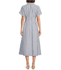 Gibson & Latimer Striped Cotton Collar Short Dolman Sleeve Button Front Ruched Pleated Waist Shirt Midi Dress