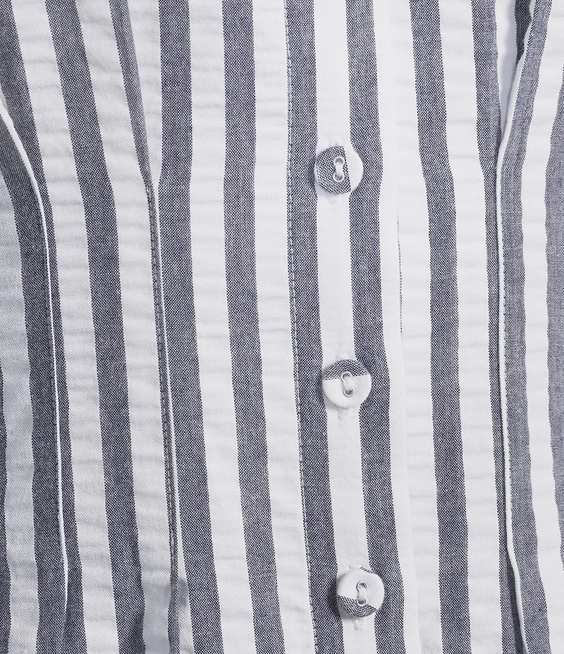 Gibson & Latimer Striped Cotton Collar Short Dolman Sleeve Button Front Ruched Pleated Waist Shirt Midi Dress