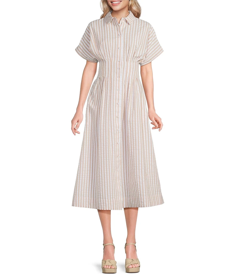 Gibson & Latimer Striped Cotton Collar Short Dolman Sleeve Button Front Ruched Pleated Waist Shirt Midi Dress