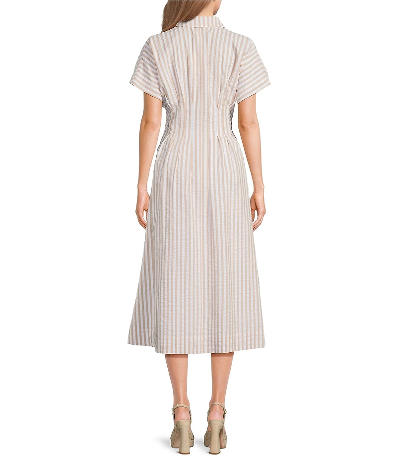 Gibson & Latimer Striped Cotton Collar Short Dolman Sleeve Button Front Ruched Pleated Waist Shirt Midi Dress