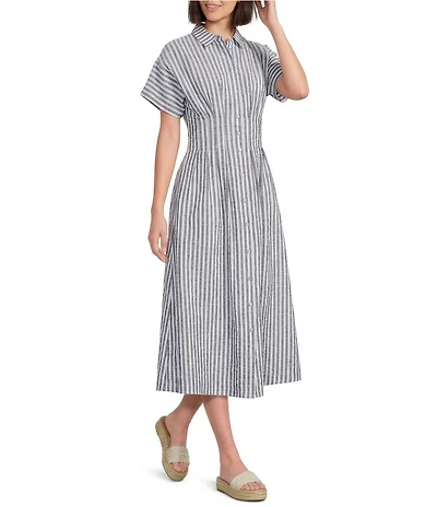 Gibson & Latimer Striped Cotton Collar Short Dolman Sleeve Button Front Ruched Pleated Waist Shirt Midi Dress