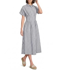 Gibson & Latimer Striped Cotton Collar Short Dolman Sleeve Button Front Ruched Pleated Waist Shirt Midi Dress