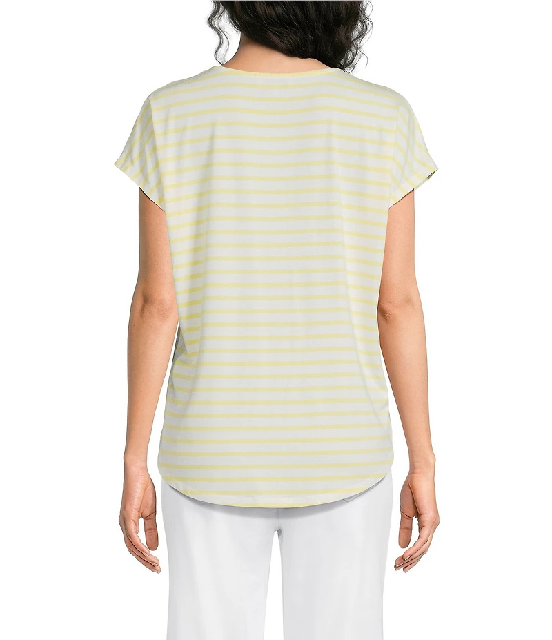 Gibson & Latimer Striped Knit V-Neck Cap Sleeve Shirttail Tee Shirt