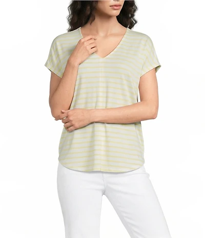 Gibson & Latimer Striped Knit V-Neck Cap Sleeve Shirttail Tee Shirt