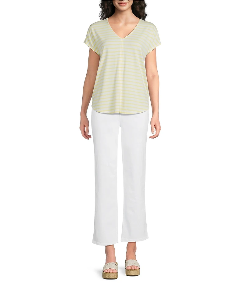 Gibson & Latimer Striped Knit V-Neck Cap Sleeve Shirttail Tee Shirt