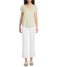 Gibson & Latimer Striped Knit V-Neck Cap Sleeve Shirttail Tee Shirt