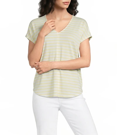 Gibson & Latimer Striped Knit V-Neck Cap Sleeve Shirttail Tee Shirt