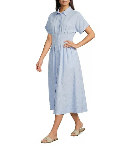 Gibson & Latimer Striped Point Collar Short Dolman Sleeve Button Front Ruched Fit And Flare Shirt Midi Dress