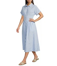 Gibson & Latimer Striped Point Collar Short Dolman Sleeve Button Front Ruched Fit And Flare Shirt Midi Dress