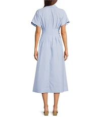 Gibson & Latimer Striped Point Collar Short Dolman Sleeve Button Front Ruched Fit And Flare Shirt Midi Dress