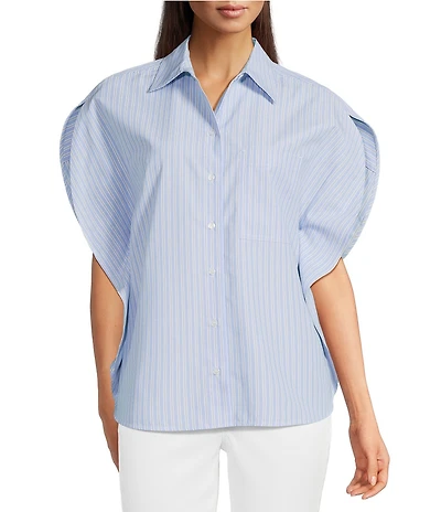 Gibson & Latimer Striped Woven Point Collar Cap Dolman Sleeve Circle Button Front Shirt