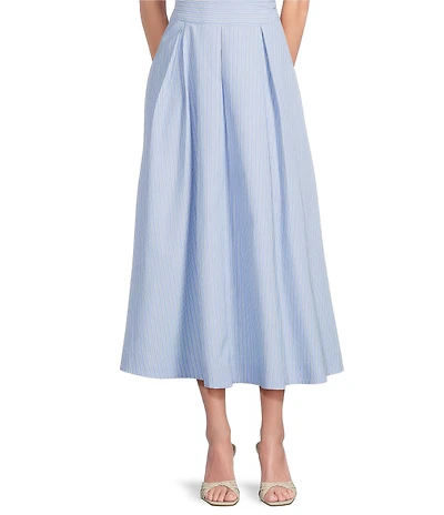 Gibson & Latimer Striped Woven Poplin High Rise Pleated A-Line Flounce Coordinating Midi Skirt