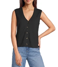 Gibson & Latimer Textured V-Neck Sleeveless Knit Button Front Vest