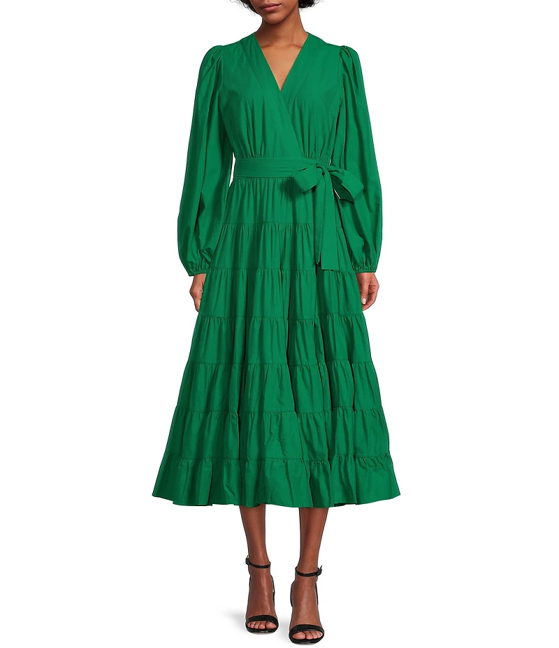 Gibson & Latimer Woven Poplin V-Neck Long Blouson Sleeve Tie at Side Wrap A-Line Flounce Midi Dress