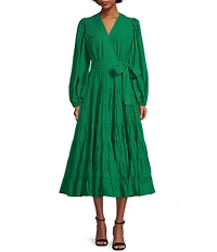 Gibson & Latimer Woven Poplin V-Neck Long Blouson Sleeve Tie at Side Wrap A-Line Flounce Midi Dress