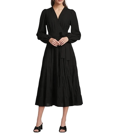 Gibson & Latimer Woven Poplin V-Neck Long Blouson Sleeve Tie at Side Wrap A-Line Flounce Midi Dress