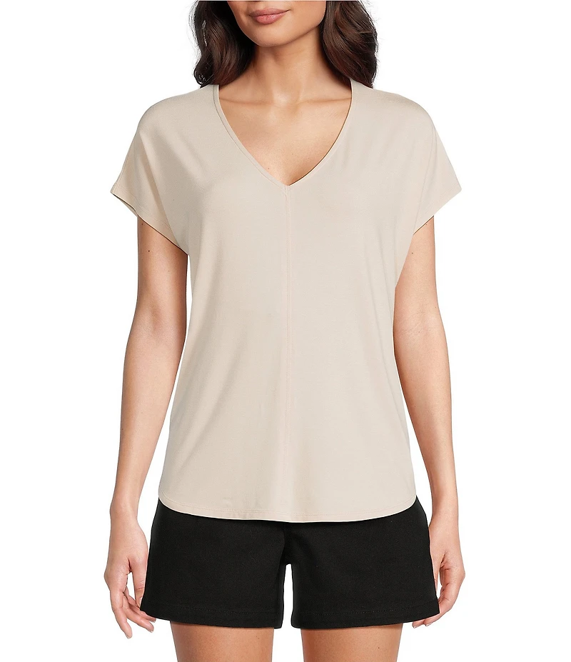 Gibson & Latimer Knit V-Neck Dropped Short Sleeve Shell Shirttail Tee Shirt