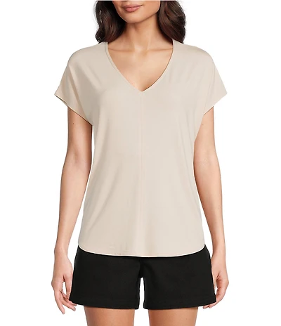 Gibson & Latimer Knit V-Neck Dropped Short Sleeve Shell Shirttail Tee Shirt
