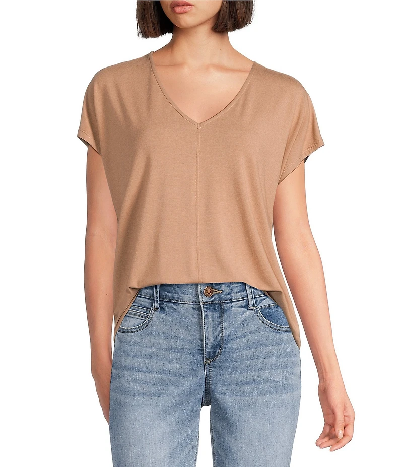 Gibson & Latimer Knit V-Neck Dropped Short Sleeve Shell Shirttail Tee Shirt