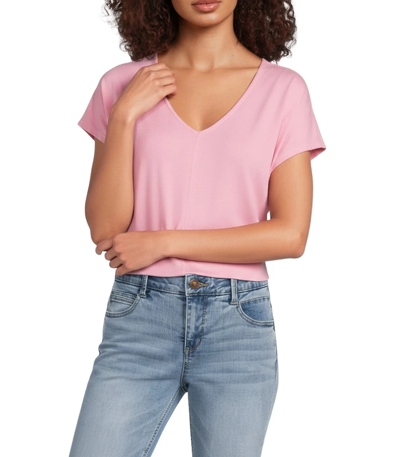 Gibson & Latimer Knit V-Neck Dropped Short Sleeve Shell Shirttail Tee Shirt