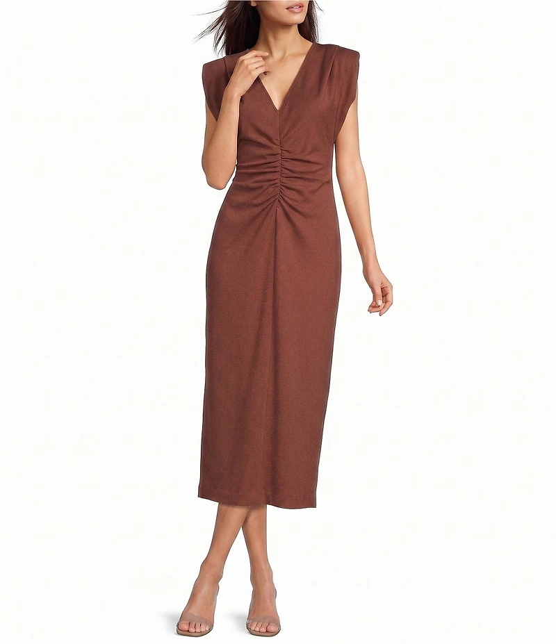 Gibson & Latimer V-Neck Sleeveless Ruched Knit Midi Dress