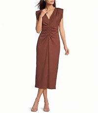 Gibson & Latimer V-Neck Sleeveless Ruched Knit Midi Dress