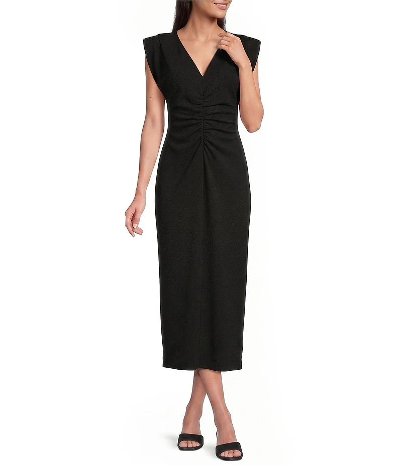 Gibson & Latimer V-Neck Sleeveless Ruched Knit Midi Dress