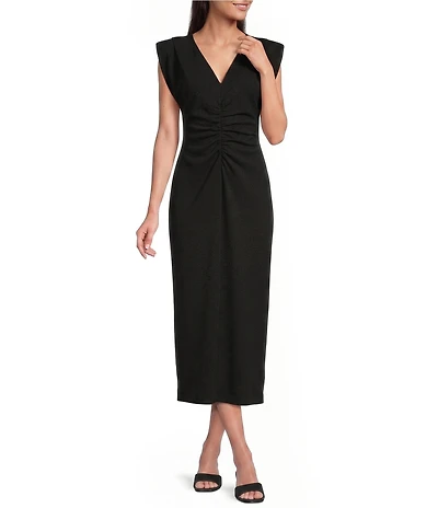 Gibson & Latimer V-Neck Sleeveless Ruched Knit Midi Dress